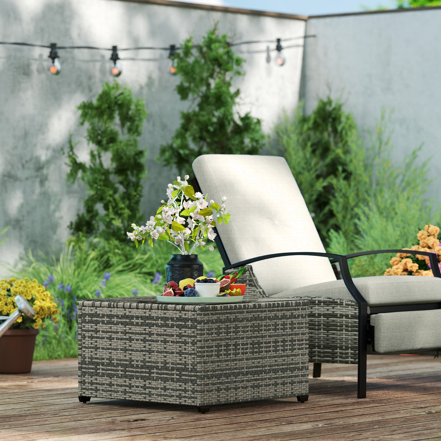Outsunny 62 By 62 Centimeter Glass Top Rattan Garden Side Table Light Grey With Tempered Top
