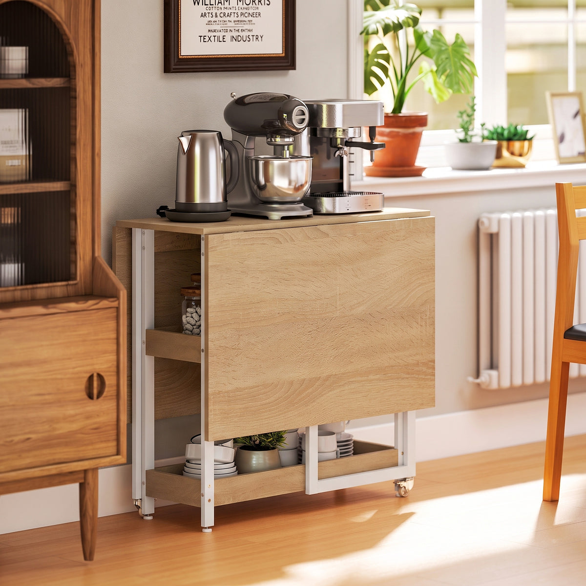 Light wood drop-leaf dining table with open storage base and white metal frame