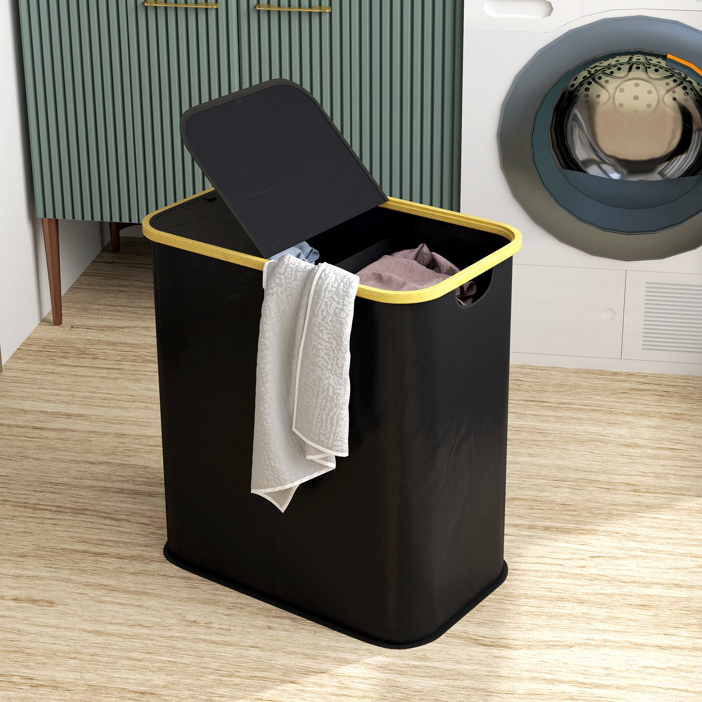 HOMCOM Double Laundry Basket With Lid 80L Collapsible Hamper Twin 40L Compartments For Bathroom Laundry Room