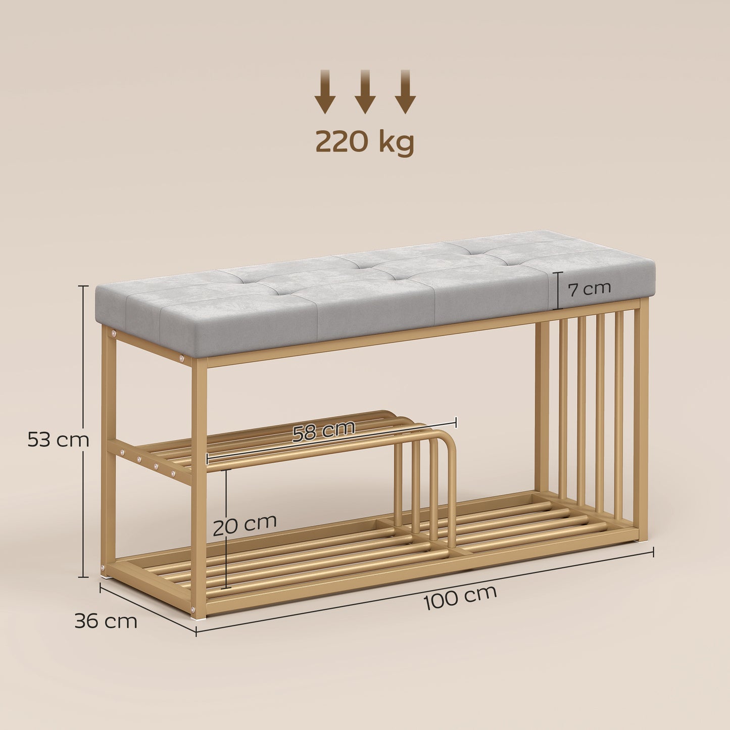 HOMCOM Tufted Velvet Seat Shoe Storage Bench With Gold Steel Frame And Double Tier Storage For Entryway Grey