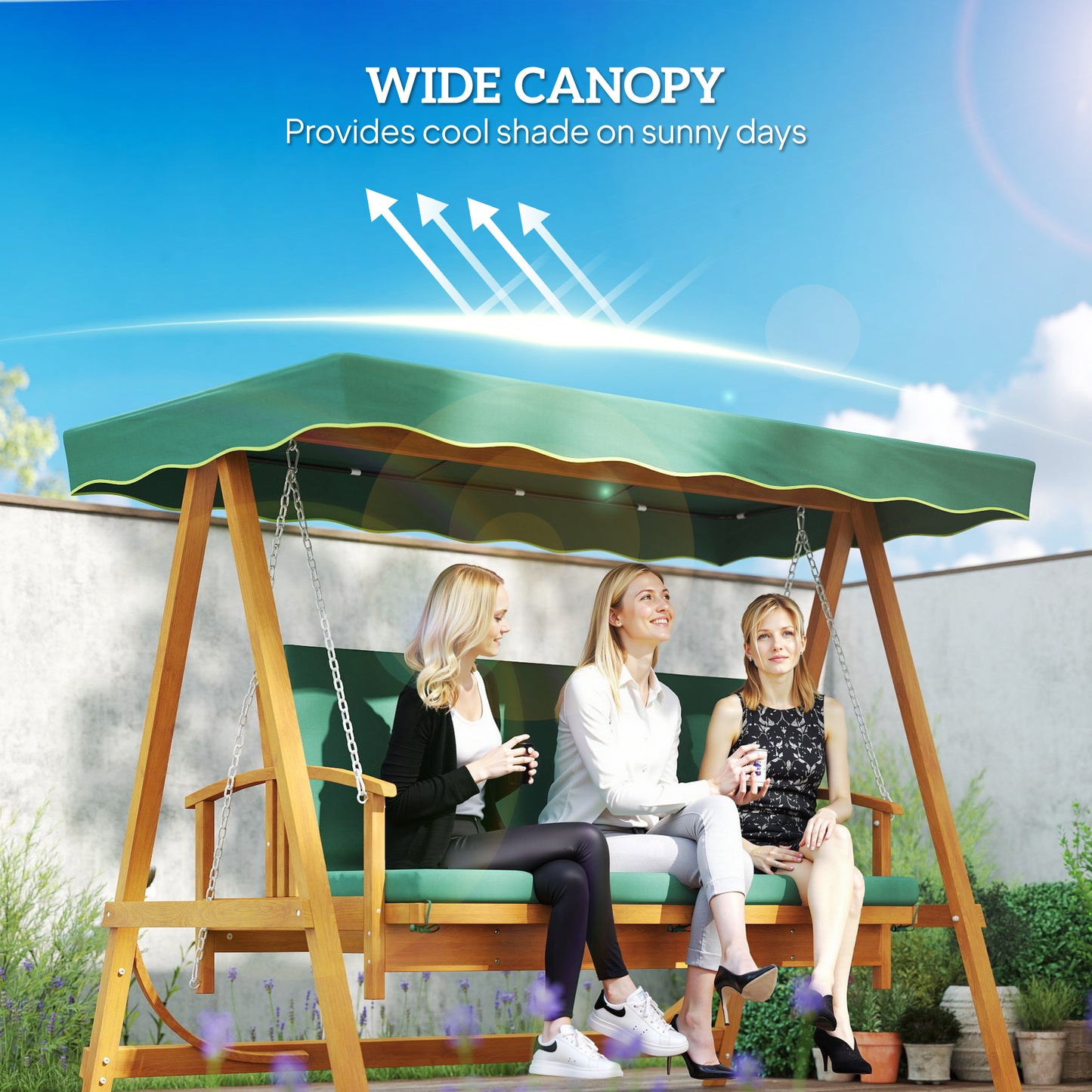 Outsunny 3 Seater 2 In 1 Wooden Garden Swing Seat Outdoor Convertible Hammock Bench Lounger Bed Dark Green