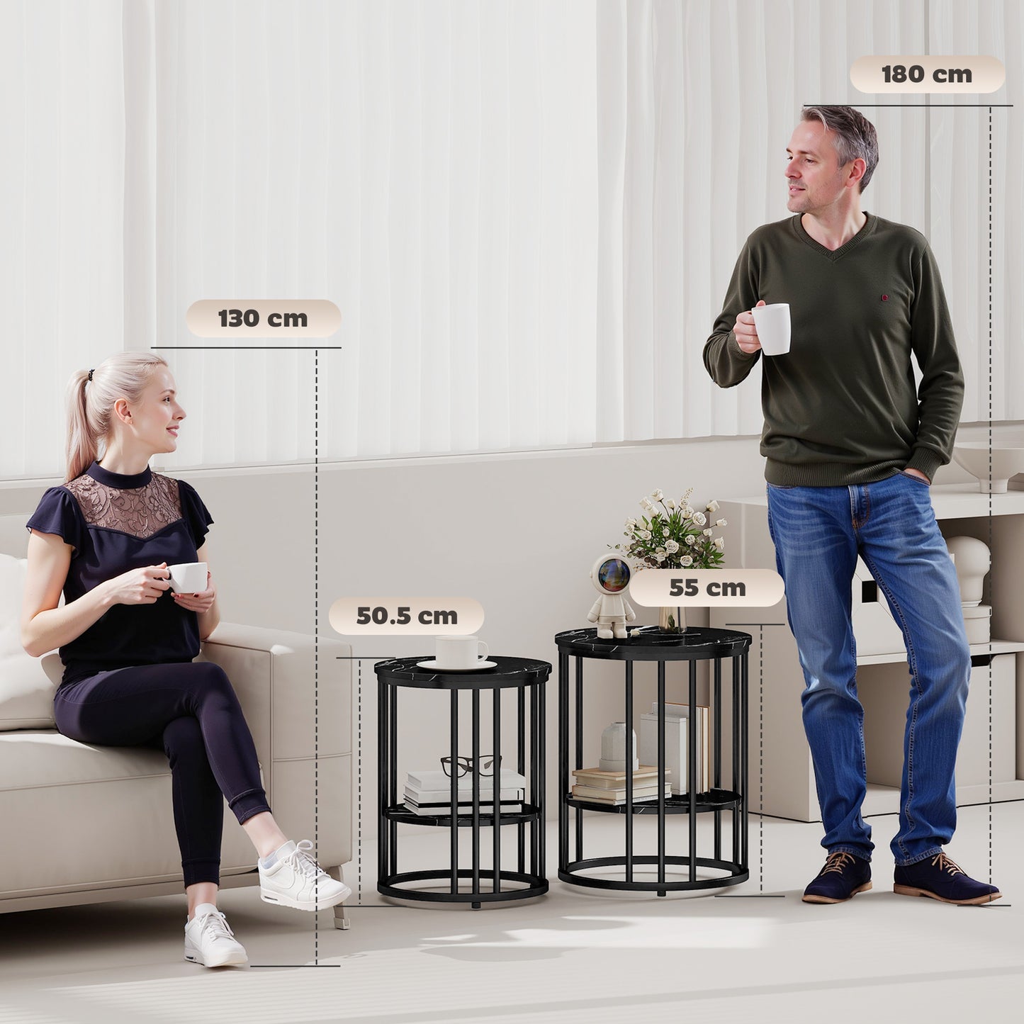 HOMCOM Marble Effect Coffee Tables Set of Two with Black Steel Frame and Two Tier Design