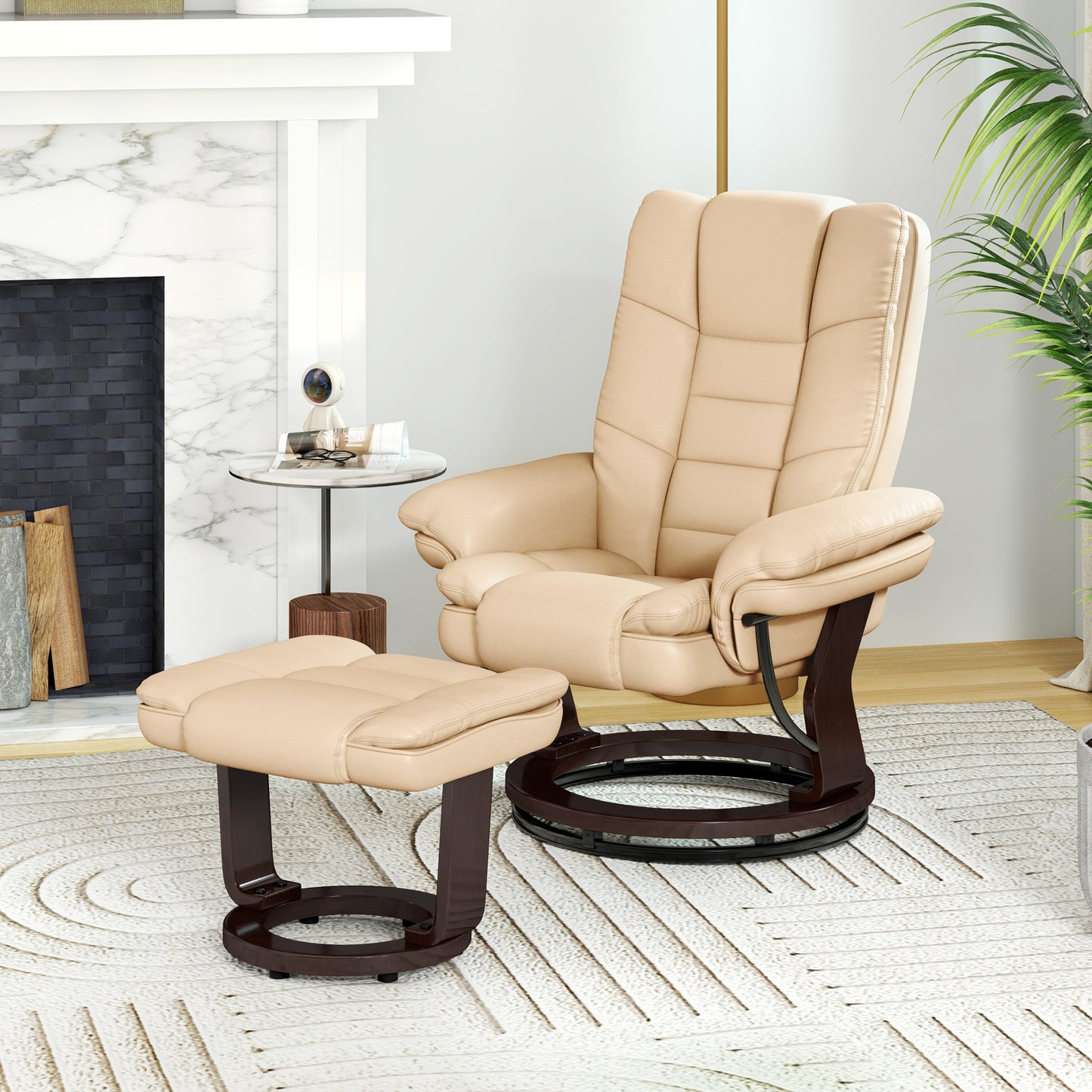 HOMCOM Faux Leather 135 Degree Reclining Chair and Footstool Beige Lounge Set for Ultimate Relaxation