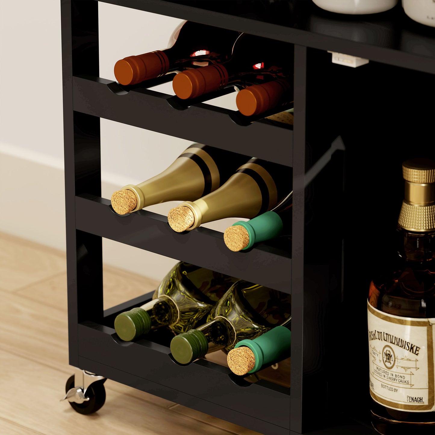 HOMCOM Modern Kitchen Trolley Rolling Island Storage Cart With Drawer 9 Bottle Wine Rack Door Cabinets Black