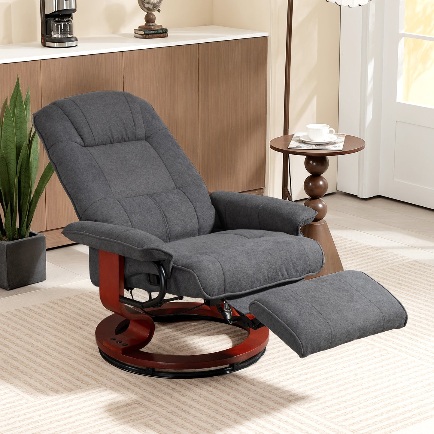 HOMCOM Reclining Swivel Chair With Manual Footrest In Grey Upholstered Armchair For Living Room And Home Office Comfort