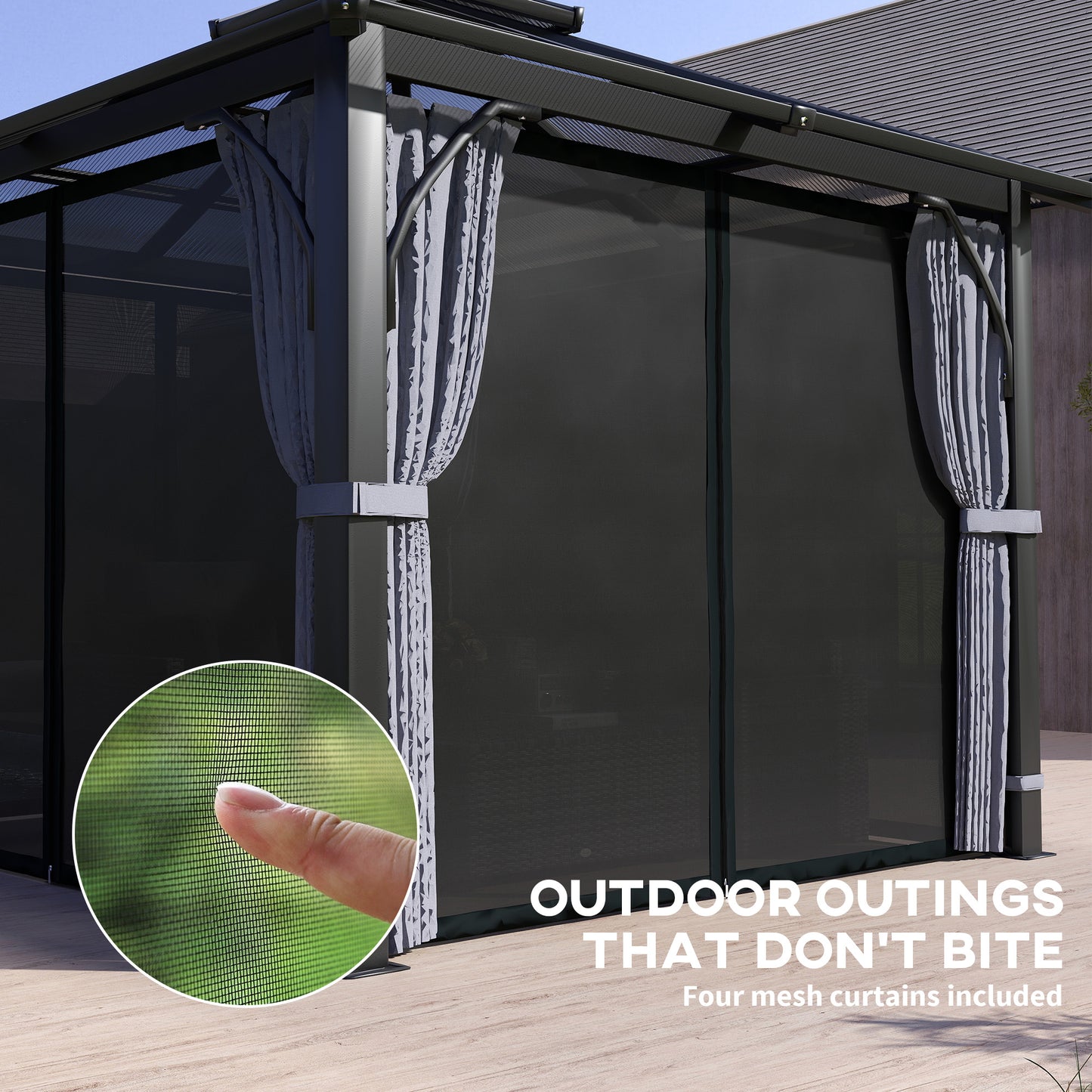 Outsunny 3m x 3m Hardtop Gazebo Canopy With 7mm Polycarbonate Roof Mosquito Netting And Curtains For Patio Dark Grey