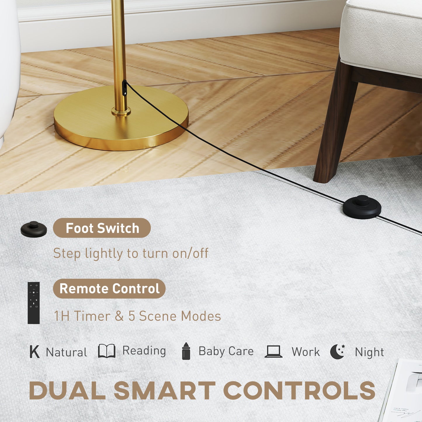 HOMCOM Floor Lamp With Remote And Dimmable Colour Temperature 3000K-6000K, Height Adjustable Linen Shade, Gold Tone