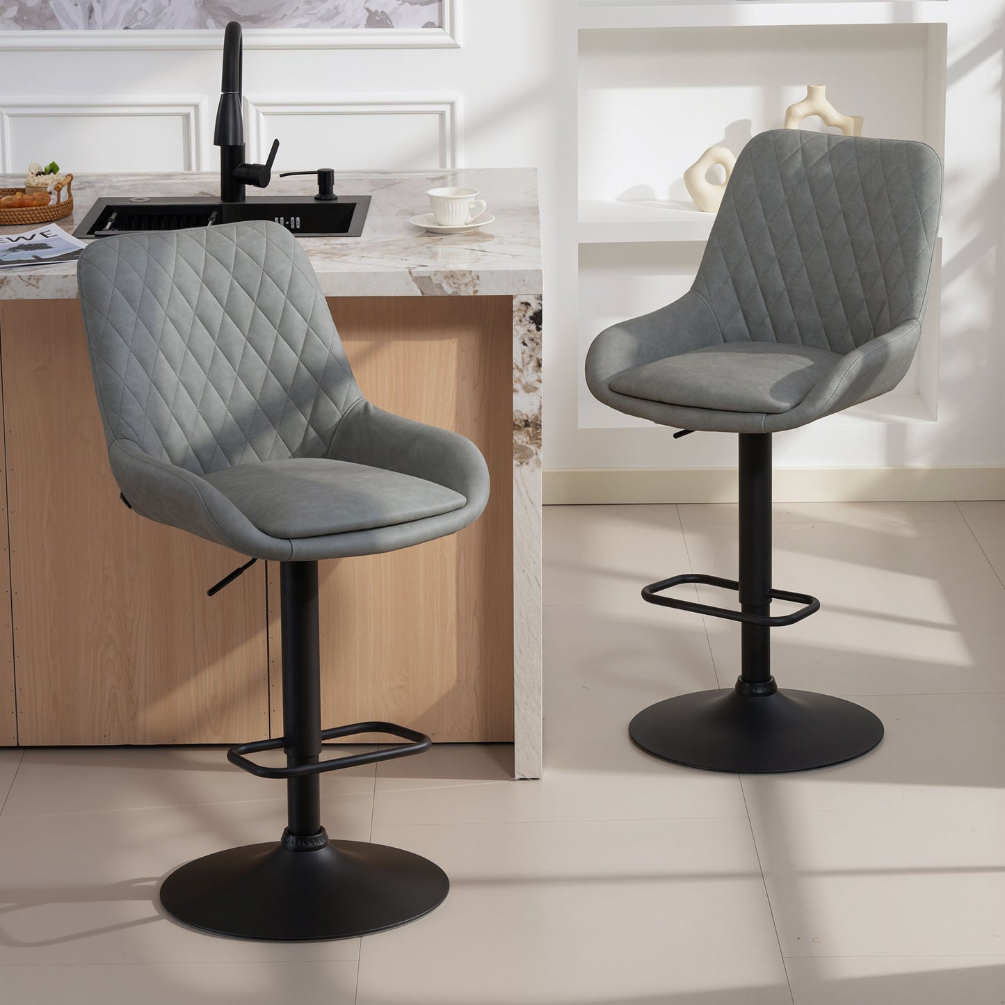 HOMCOM Set Of Two Faux Leather Retro Bar Stools Light Grey Adjustable Height Padded Back