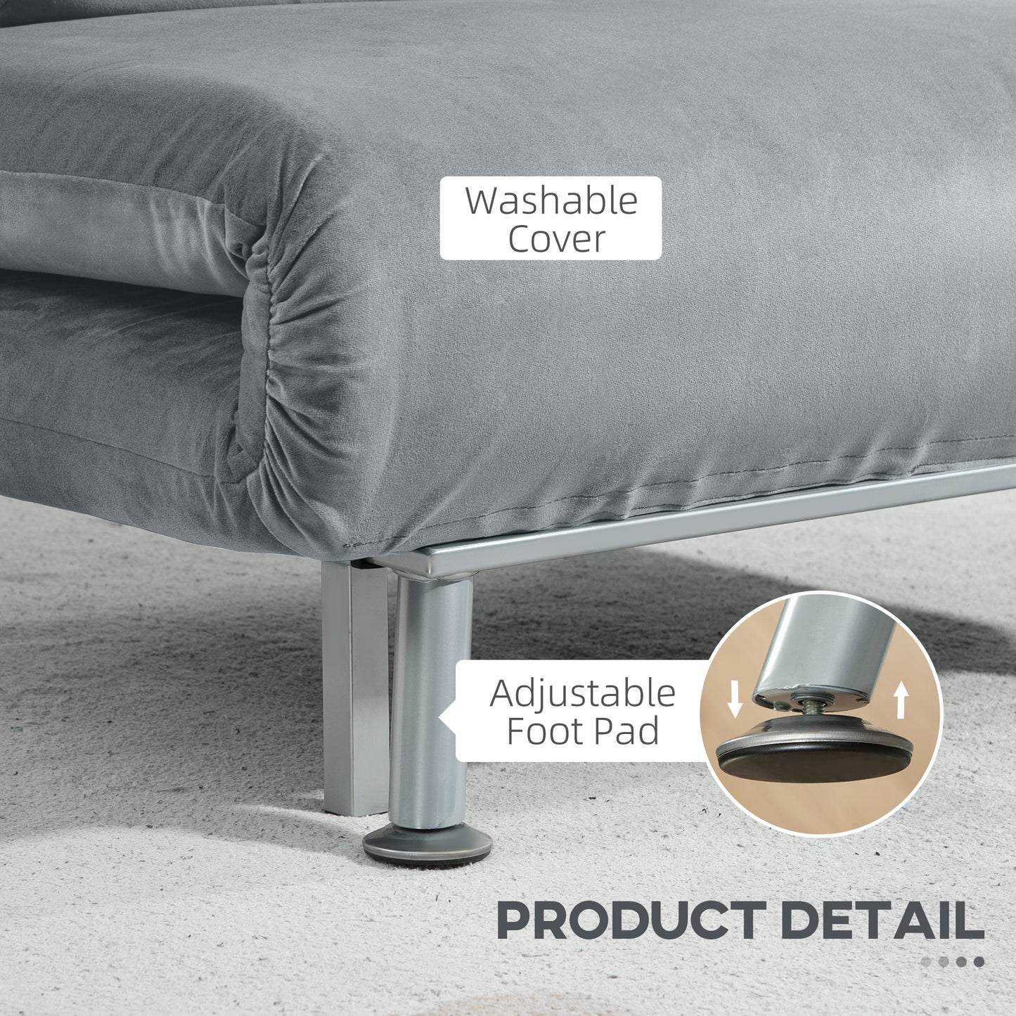 HOMCOM Velvet Feel Sleeper Chair Grey 3 In 1 Chair To Chaise And Sleeper Bed With Adjustable Backrest 90 To 180 Degrees