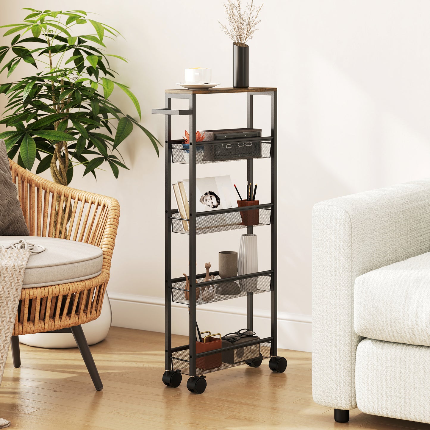 HOMCOM Slim Storage Trolley 5 Tier Kitchen Cart On Wheels With Wood Effect Top For Living Room Bathroom Black