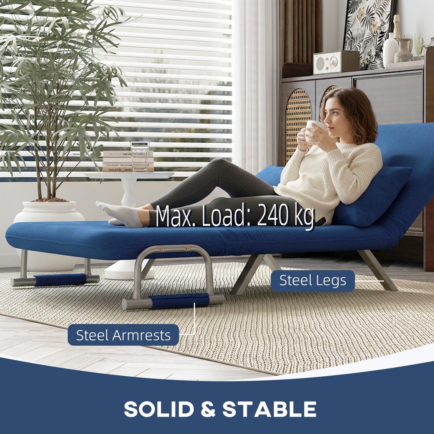HOMCOM Two Seater Click Clack Sofa Bed Dark Blue With Adjustable Back And Plush Faux Suede Upholstery