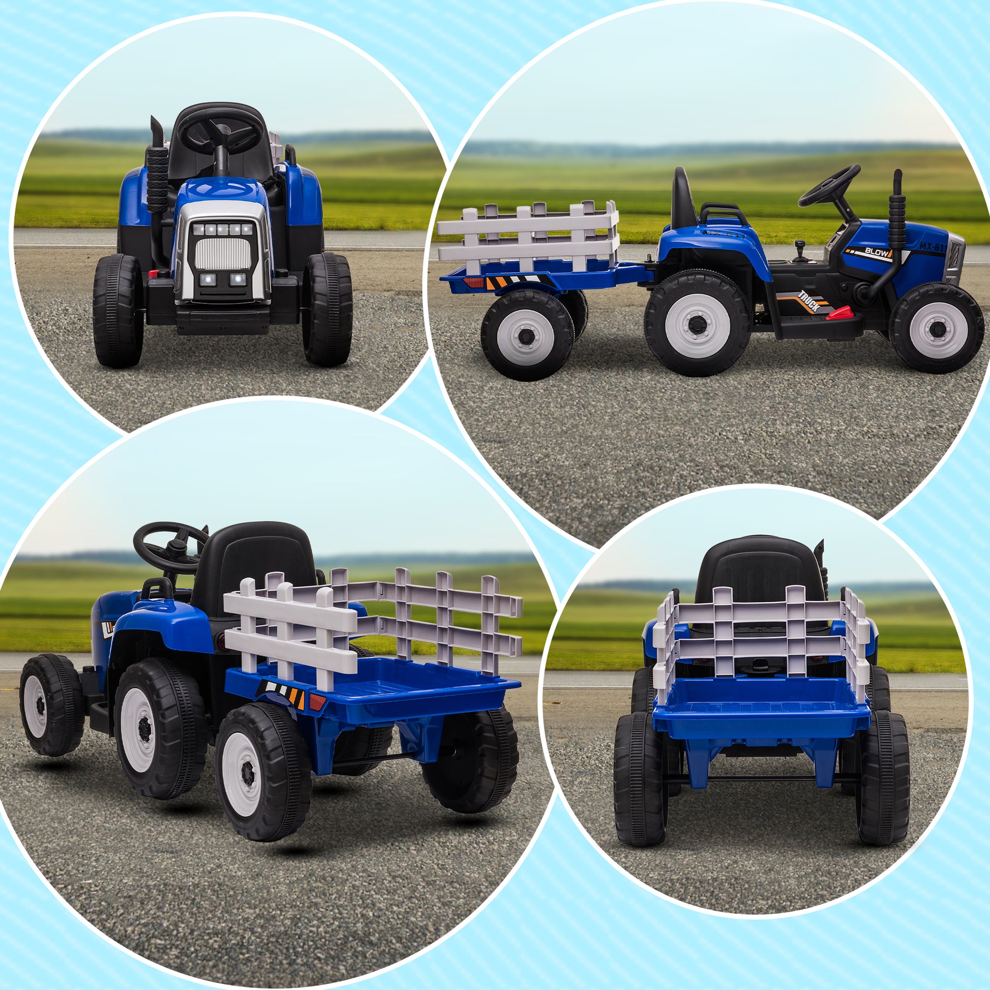 HOMCOM Electric Ride on Tractor with Detachable Trailer 12V Kids Battery Powered Electric Car with Remote Control Music Start up Sound Blue - ALL4U RETAILER LTD