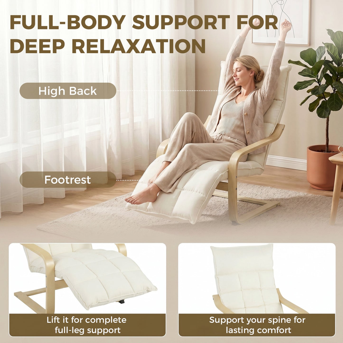 HOMCOM Modern Accent Chair With Built In Footrest Plush Cushion Linen Look Fabric Curved Legs And Arms Cream White