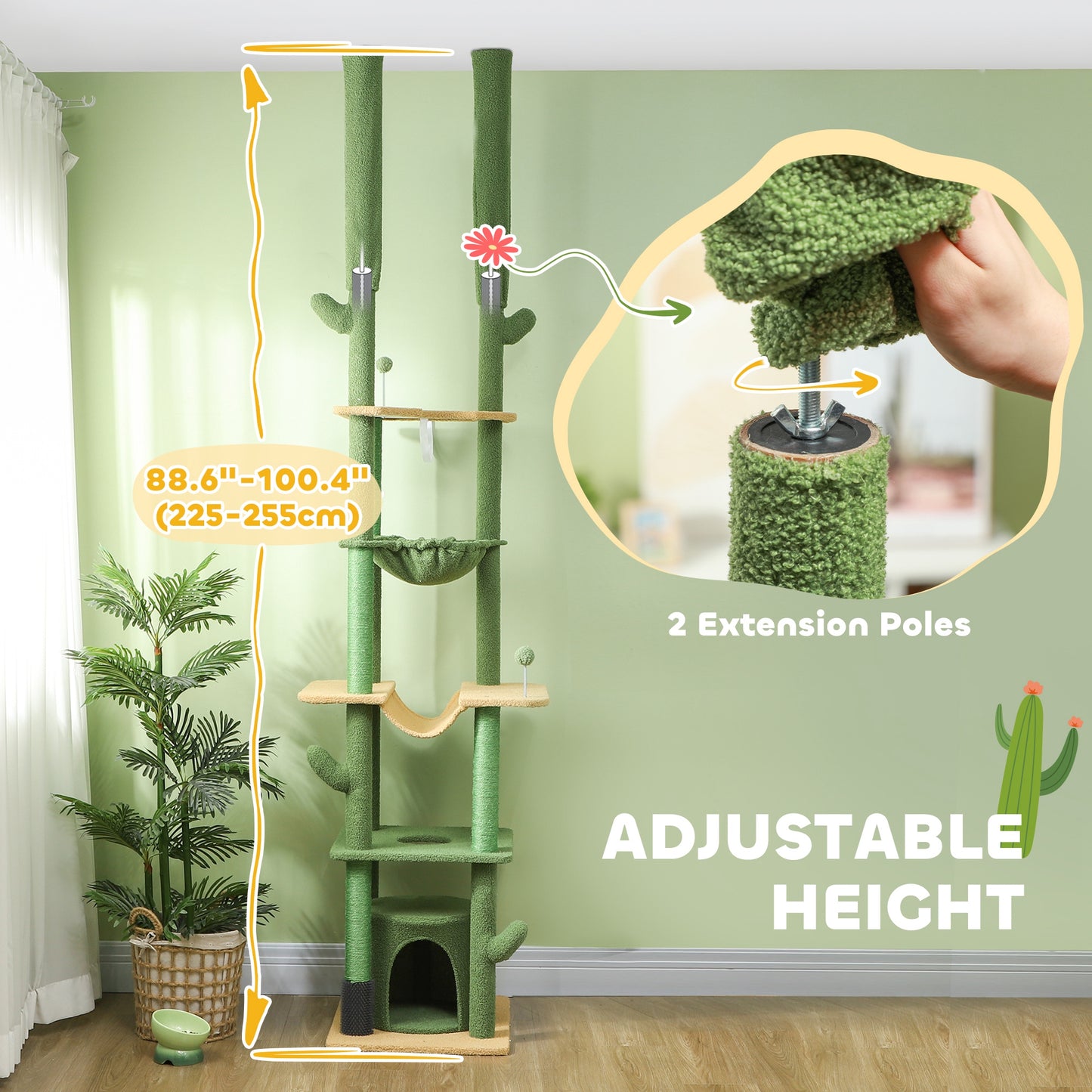 PawHut Adjustable Green Cat Tower: Floor to Ceiling Cat Tree with Hammocks & Scratching Posts for Indoor Use