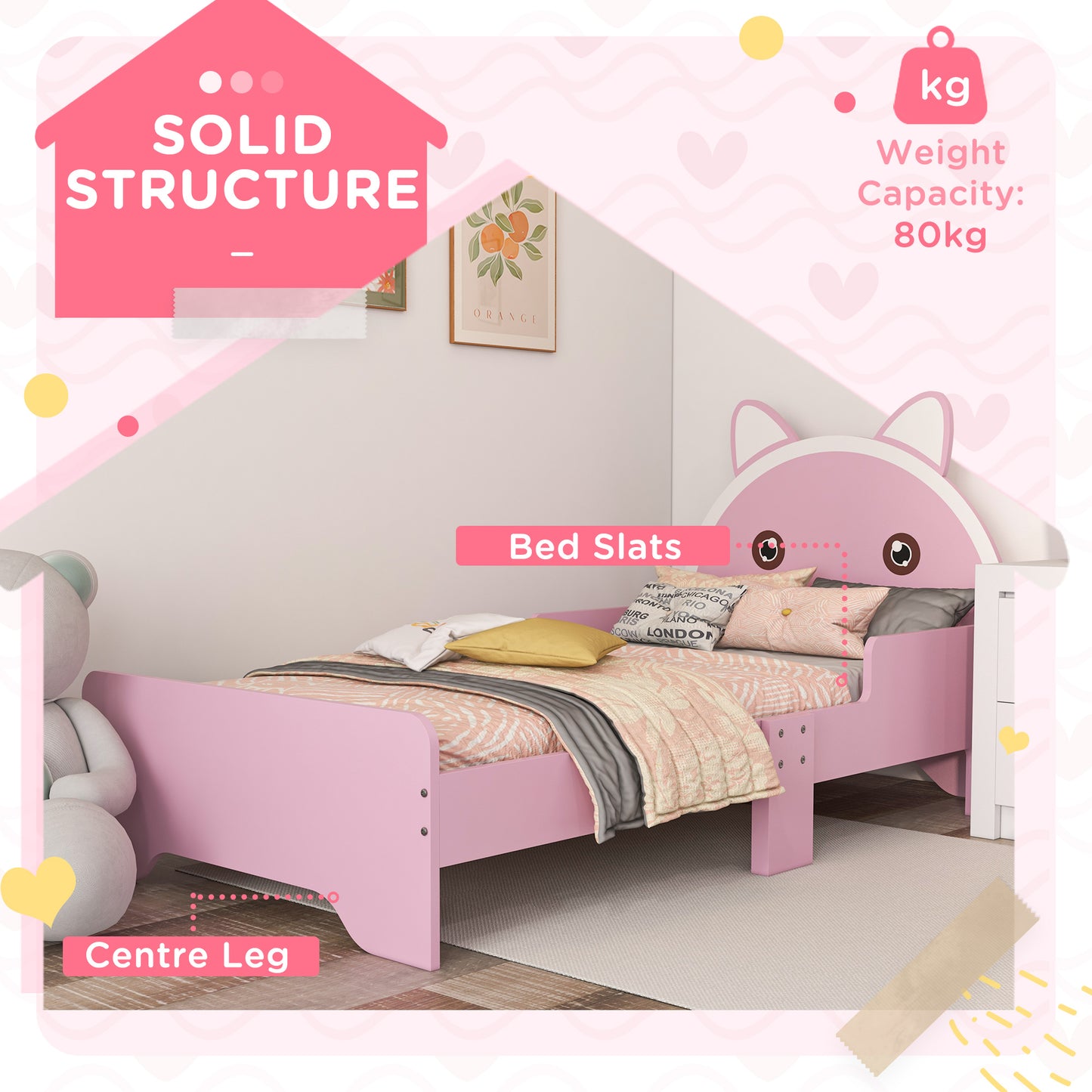 ZONEKIZ Kids Cat-Themed Toddler Bed Frame with Guardrails - Pink, 3-6 Years - ALL4U RETAILER LTD