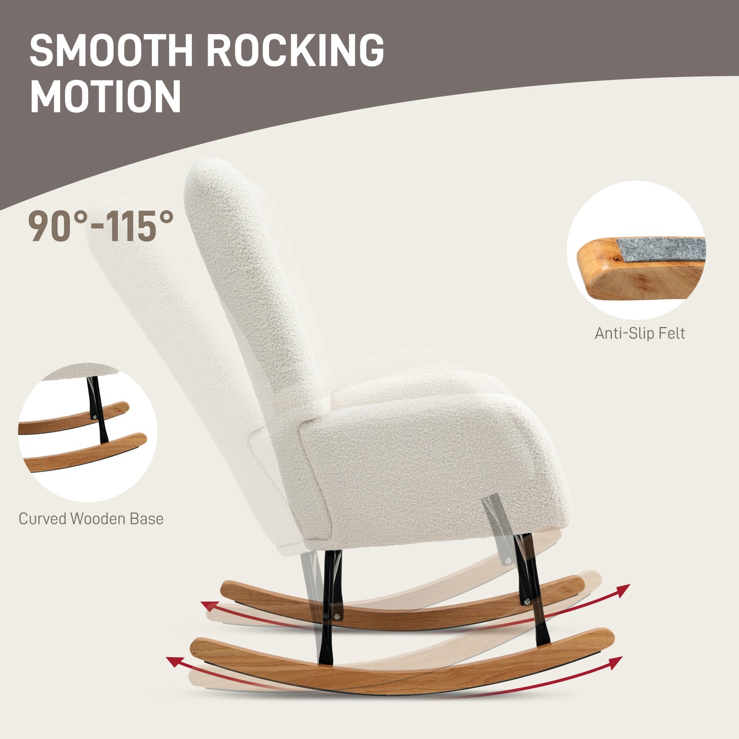 HOMCOM Teddy Fleece Rocking Chair Cream White With High Density Foam Upholstery And Gentle 90 To 115 Degree Sway