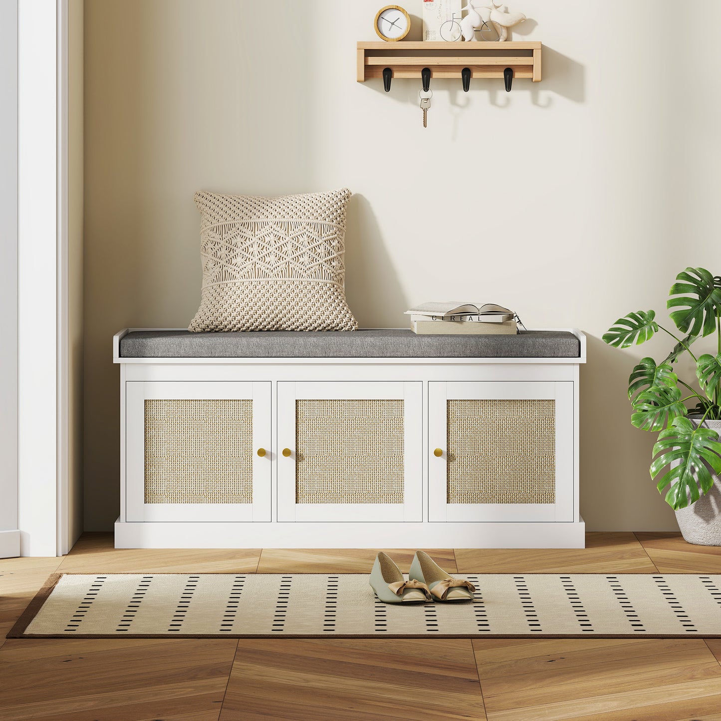HOMCOM Shoe Storage Bench With Woven Rattan Doors And Soft Removable Cushion White