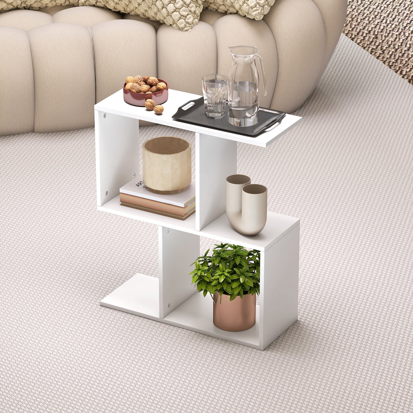 HOMCOM S Shaped Side Table With Storage Shelves Narrow End Table 3 Tier White 50W 19D 58H