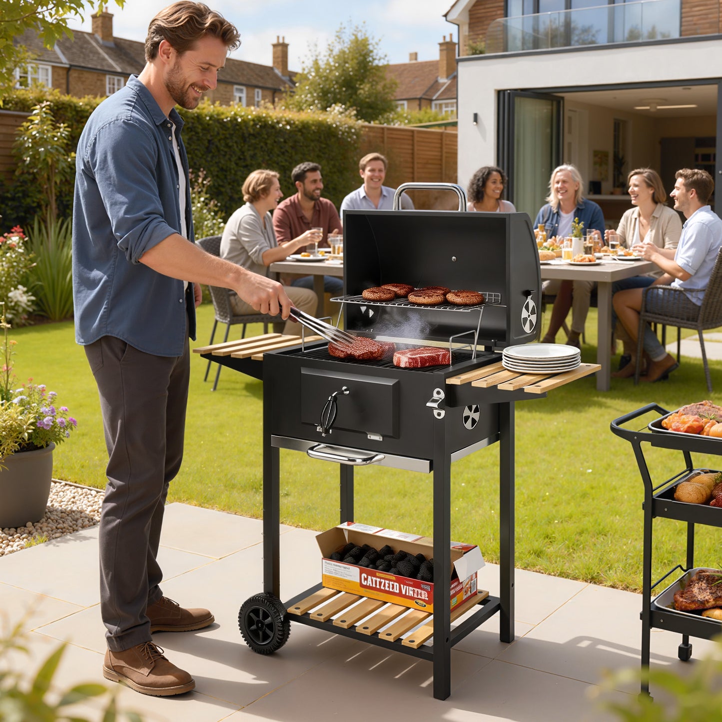 Outsunny Charcoal BBQ Grill With Height Adjustable Charcoal Pan And Warming Rack 3 Shelves Temp Gauge And Wheels