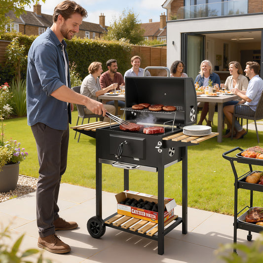Outsunny Charcoal BBQ Grill With Height Adjustable Charcoal Pan And Warming Rack 3 Shelves Temp Gauge And Wheels