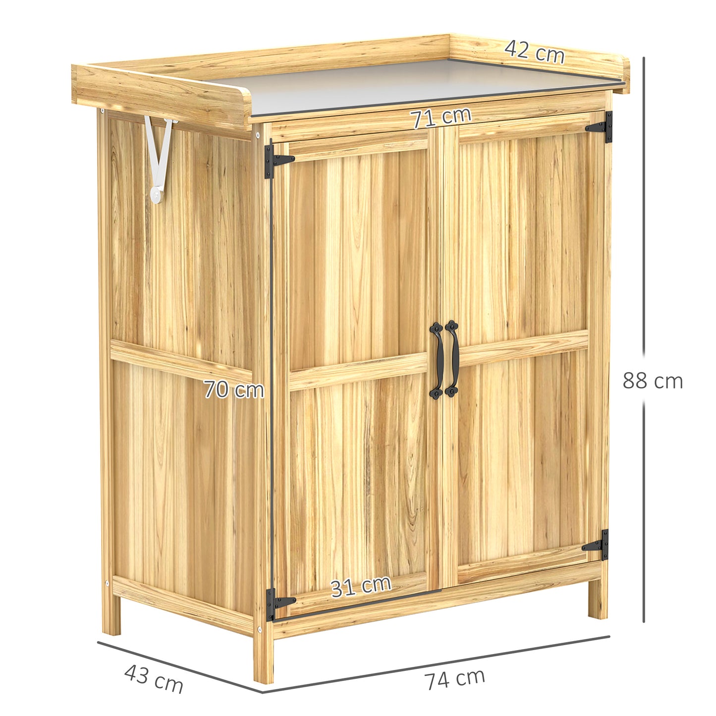Outsunny Fir Wood Shed With Metal Worktop And Easy Open Hinged Roof 43 x 74cm Natural Finish