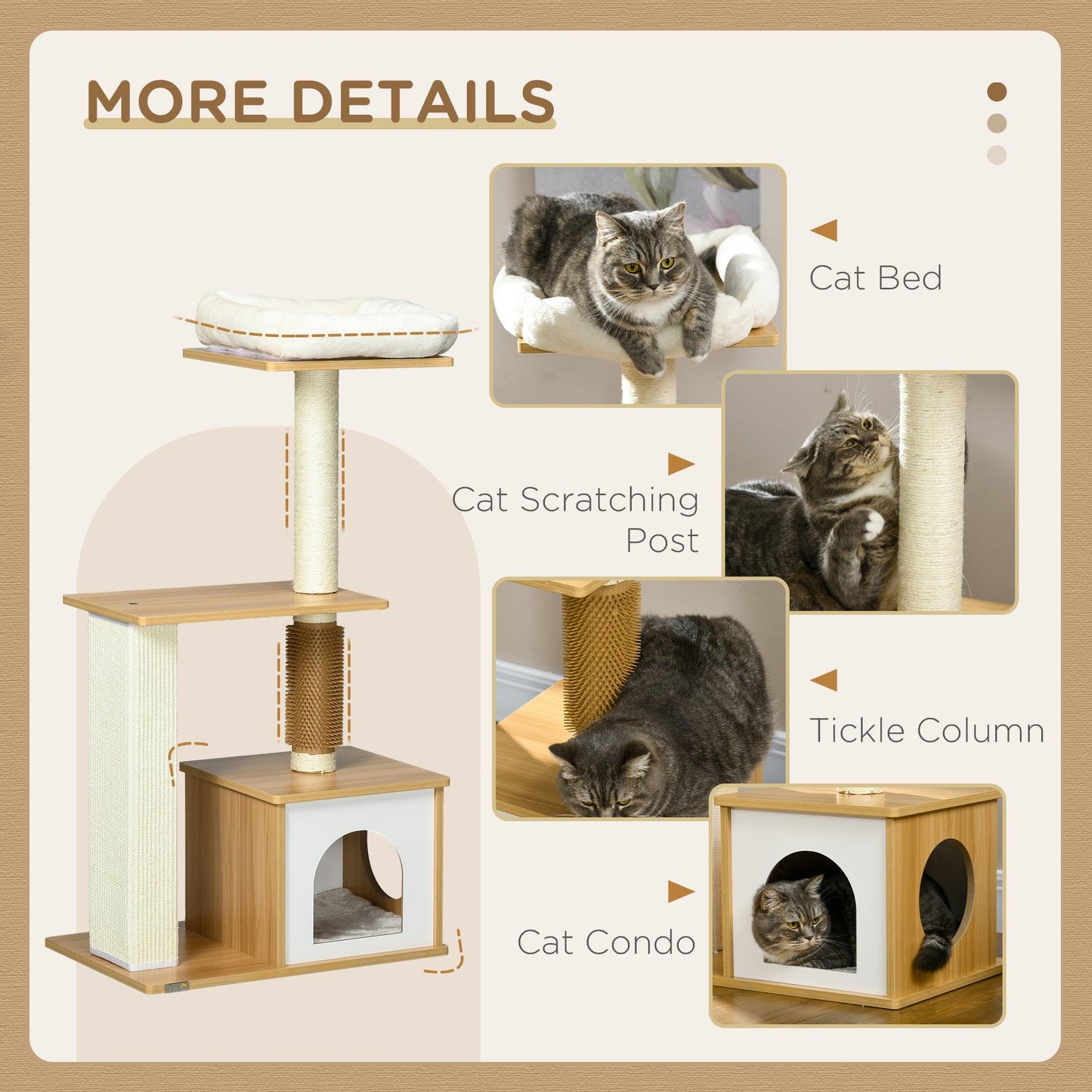 PawHut Cat Tree with Scratching Posts, Cat House, Cat Bed, Perches, 59.5 x 39.5 x 114 cm, Oak Tone - ALL4U RETAILER LTD