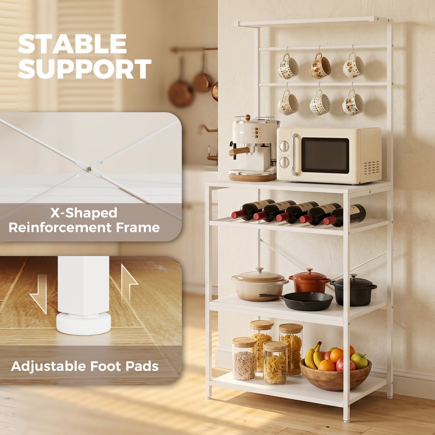 HOMCOM Freestanding Shelving Unit With Six Hooks And Wine Rack For Living Room And Home Office White