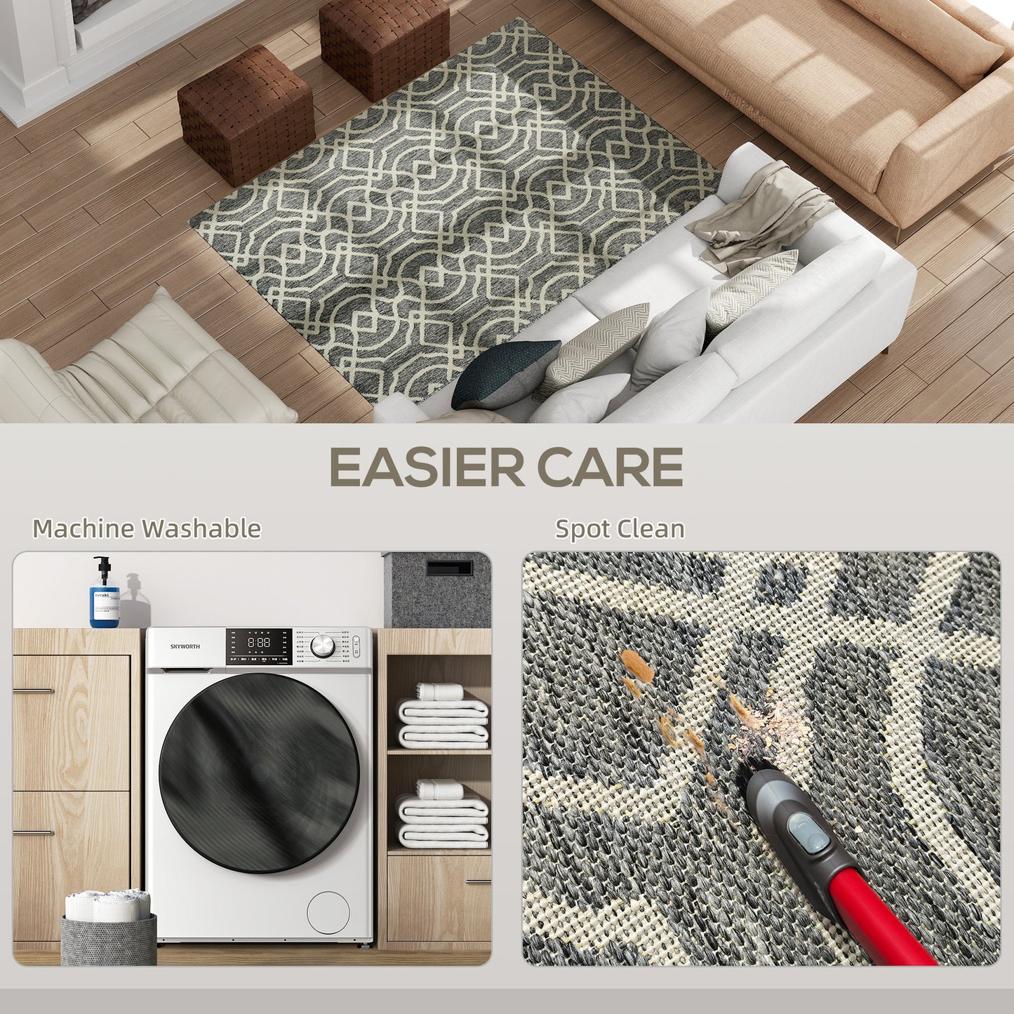 Homcom UV Resistant Indoor Outdoor Area Rug Polypropylene Geometric Pattern Washable 170 by 120 cm Grey