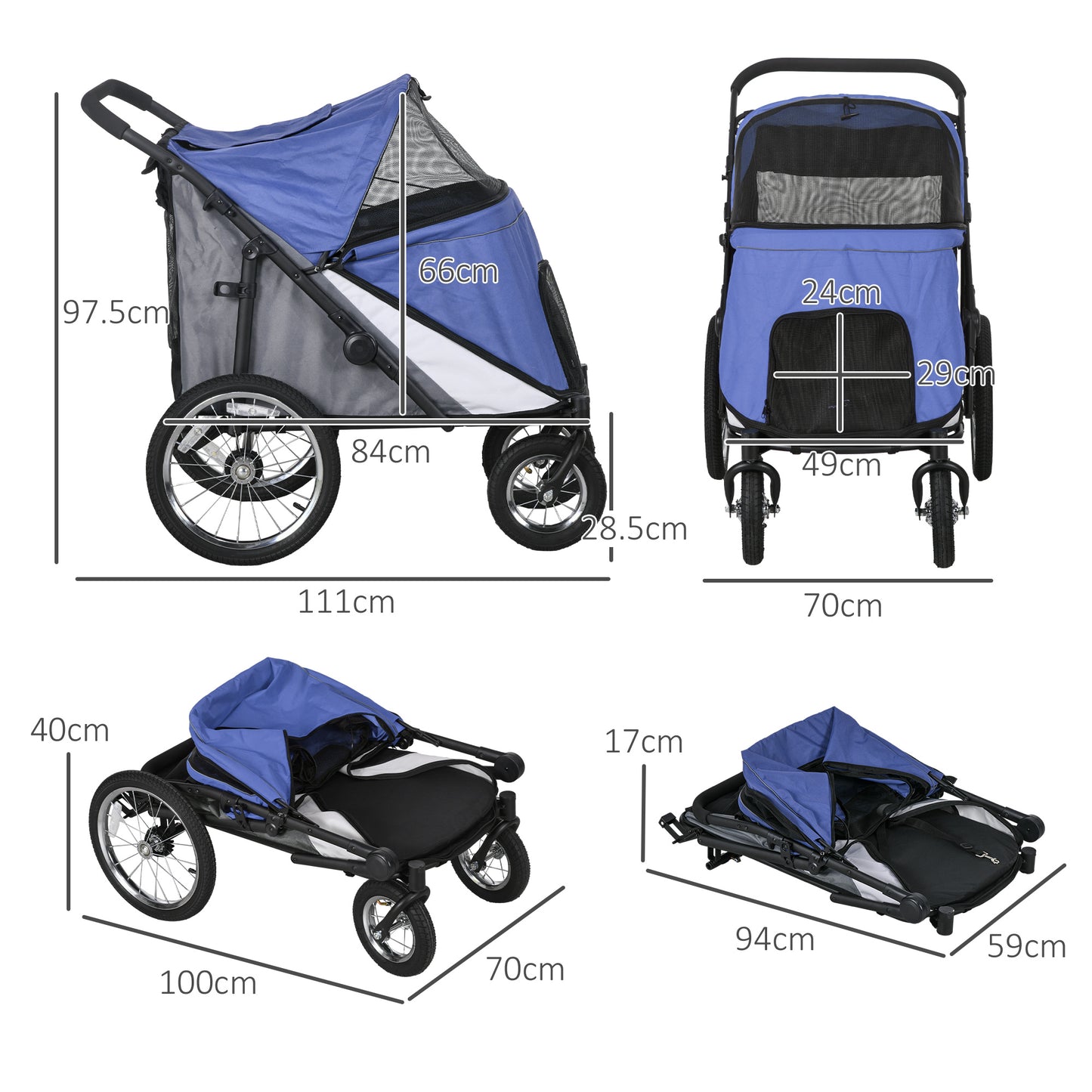 PawHut Blue Foldable Pet Stroller with Washable Cushion and Storage Bags for Medium to Large Dogs and Cats - Perfect for Travel - ALL4U RETAILER LTD