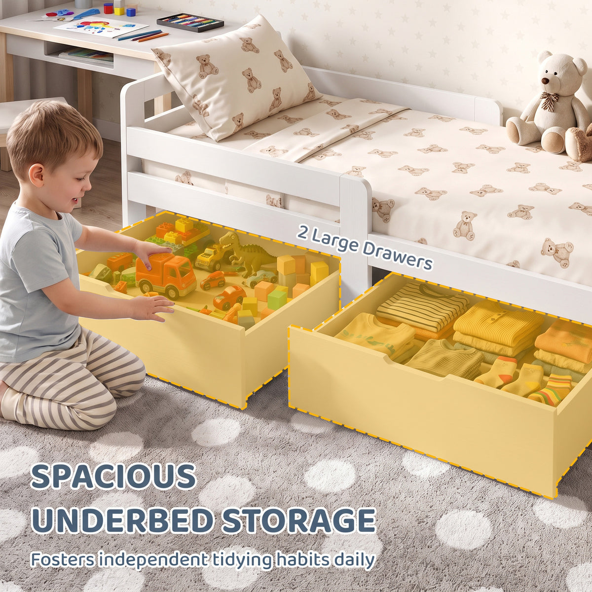 Kids bed frame with two large underbed storage drawers pulled open on runners