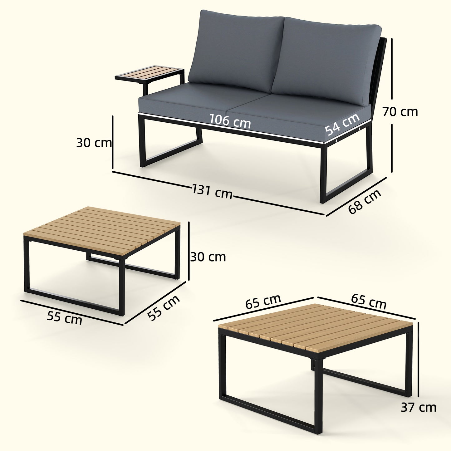 Outsunny 4 Seater Metal Garden Furniture Set With Corner Sofa, Two Loveseats, Two Nesting Tables And Teak Finish