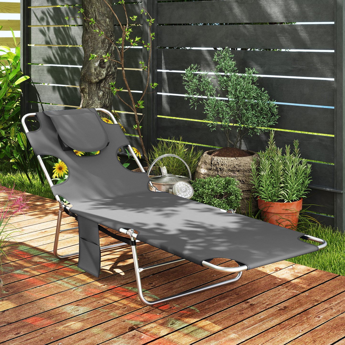 Outsunny Foldable Sun Lounger Set Of 2 Beach Chaise Lounge With Reading Hole 5 Position Backrest Side Pocket Pillow