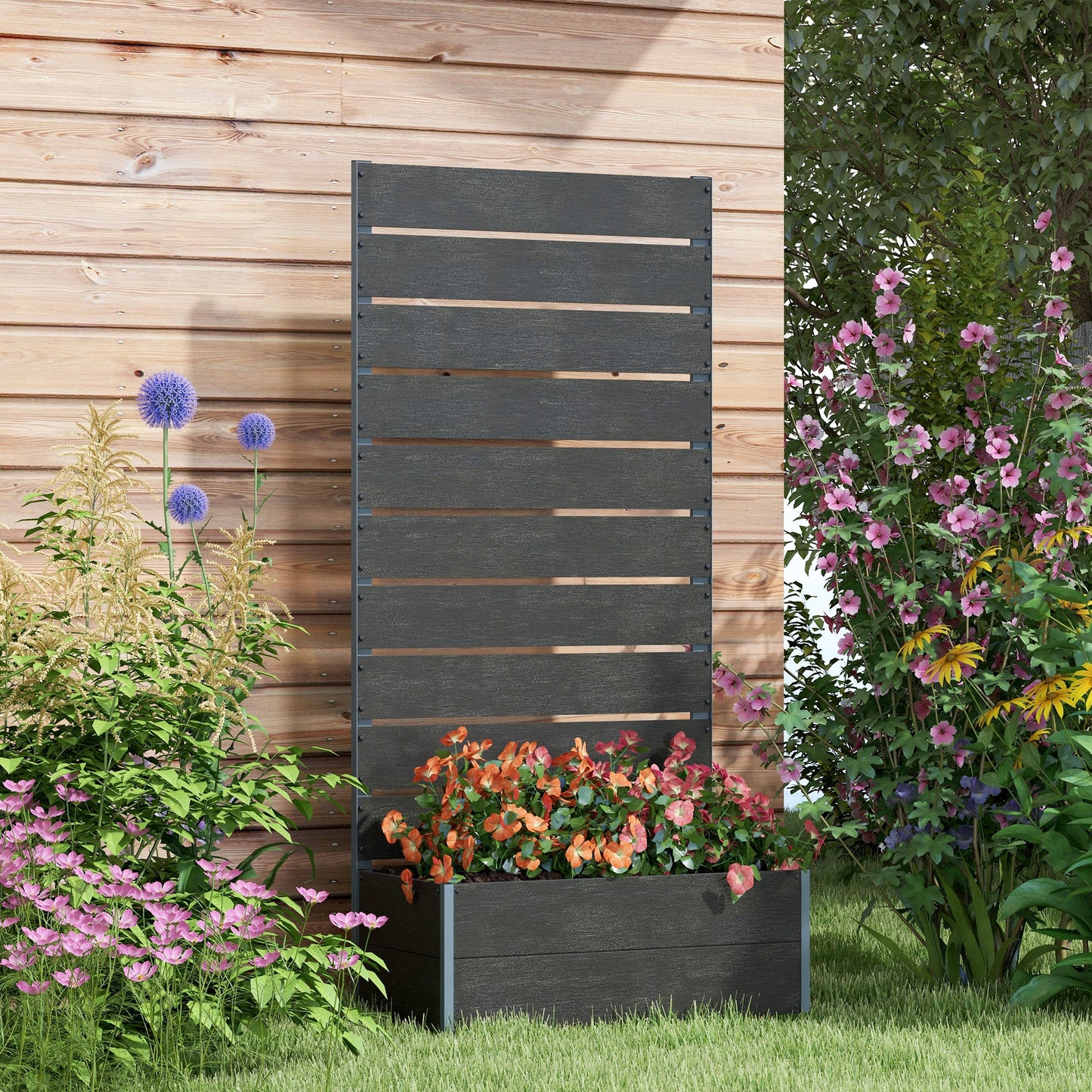 Outsunny Garden Planter Box With Back Trellis Privacy Screen In Black Aluminium Frame