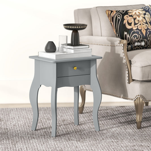 HOMCOM French Style Side Table With Drawer In Grey Curved Silhouette Gold Tone Handle MDF