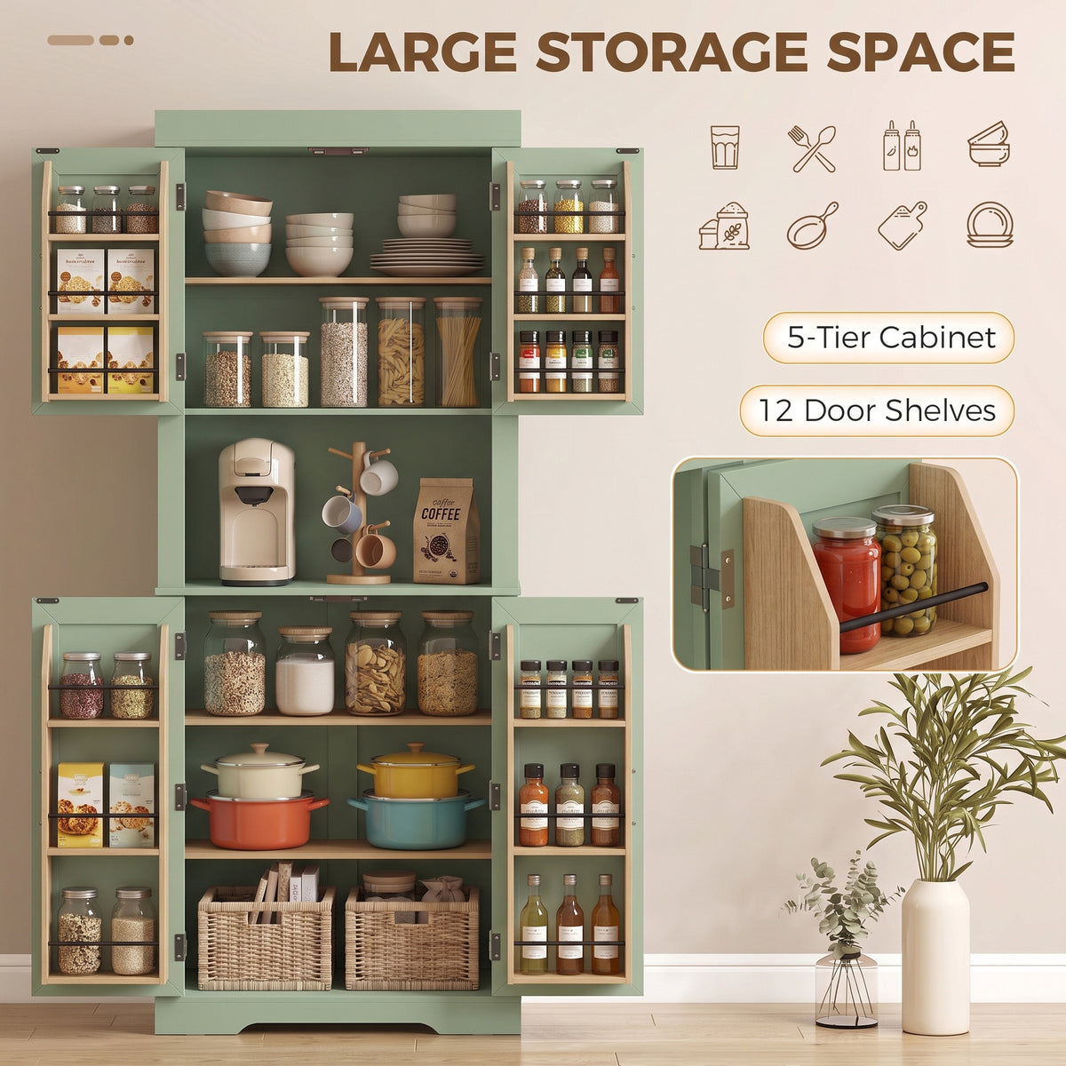 Sage green tall kitchen cabinet with open shelves and interior storage compartments