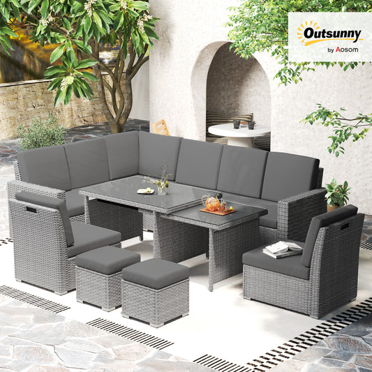 Outsunny Seven Piece Rattan Garden Sofa Set With Expanding Table Light Grey Seats Up To Ten People