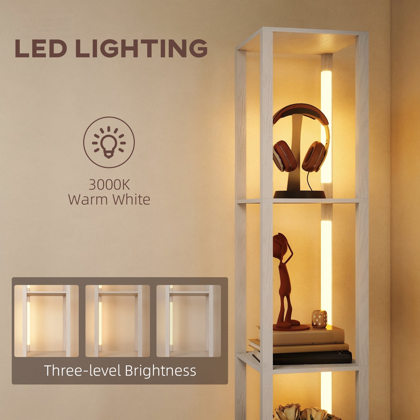 HOMCOM Floor Lamp With Shelves And Fabric Drawer LED Column Modern Standing Lamp Adjustable Brightness Foot Switch White