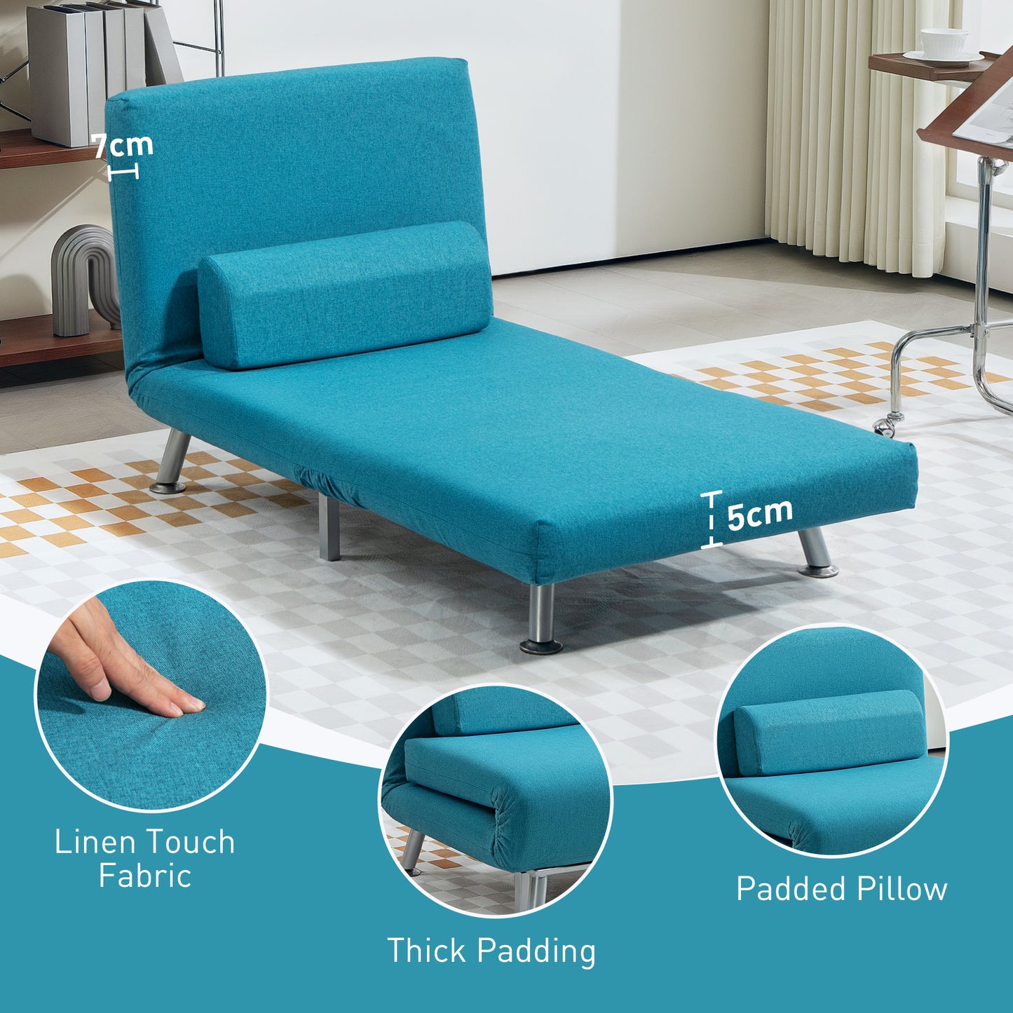 HOMCOM Single Linen Feel Sleeper Chair Dark Blue Three In One Convertible Chair To Chaise And Bed