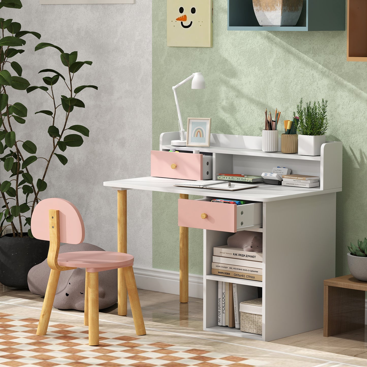 AIYAPLAY Pink 2 Piece Kids Desk With Hutch And Chair Set Storage Drawers Shelves For Ages 3 To 8