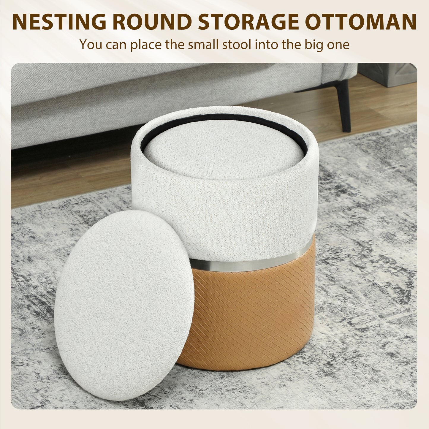 HOMCOM Nesting Round Ottomans With Storage Set Of 2 Cream And Brown Chenille Two Tone
