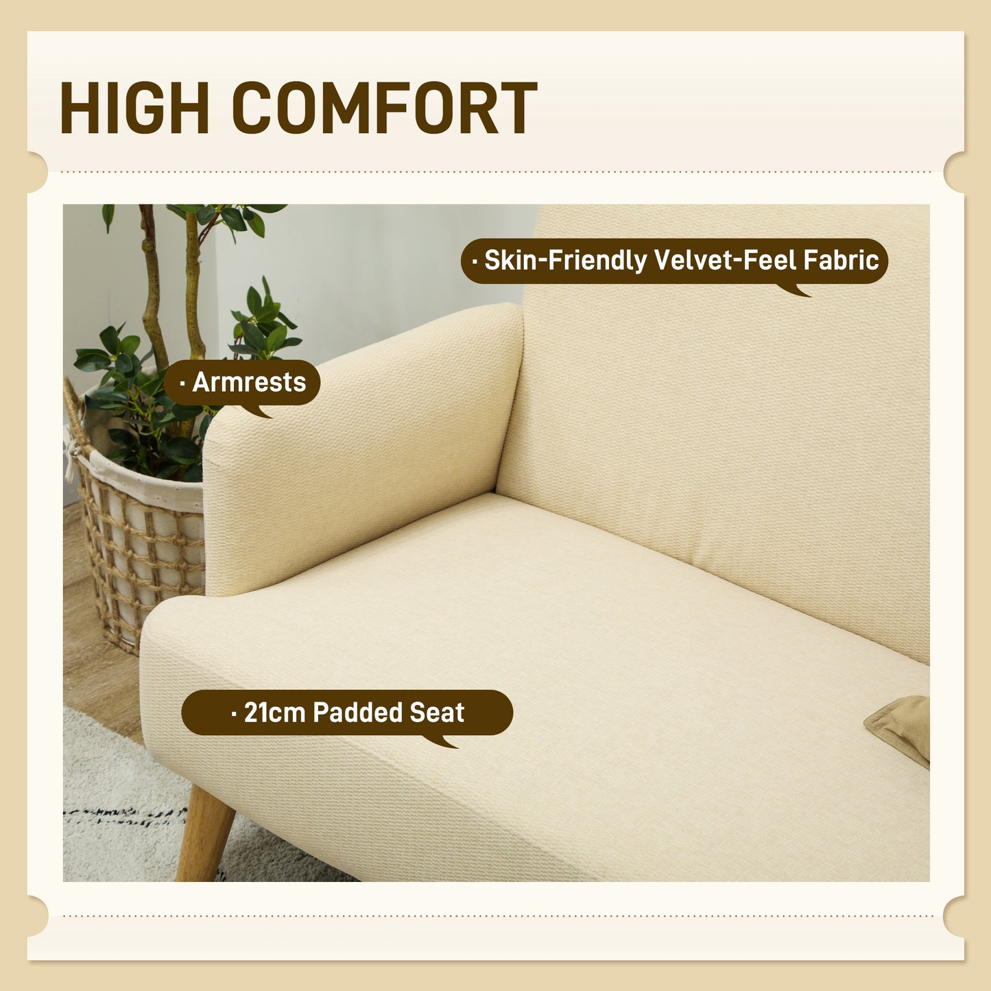 HOMCOM Velvet Feel Fabric 2 Seater Sofa Loveseat With 21cm Thick Padding And Wood Legs Cream White