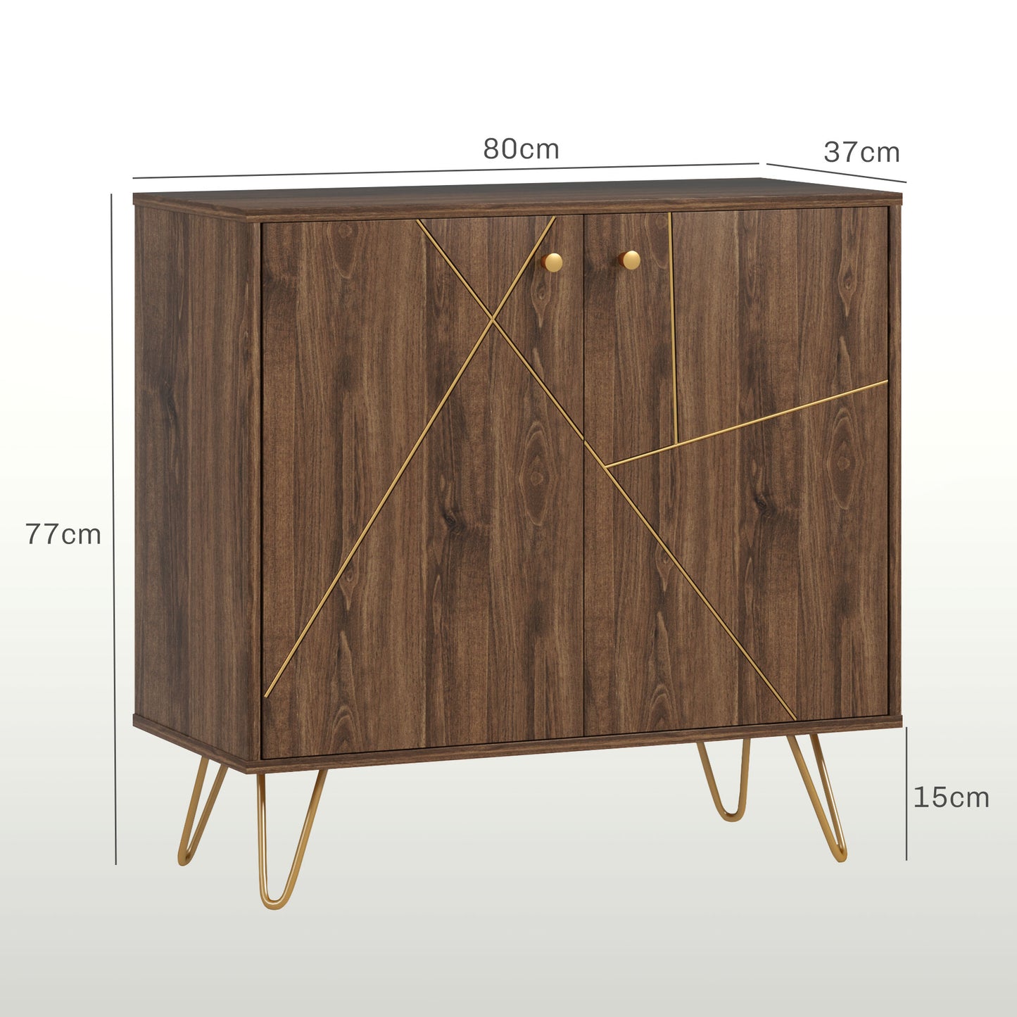 HOMCOM Modern Luxury Sideboard Cabinet With Golden Lines, Adjustable Shelf, Steel Harpin Legs, Brown