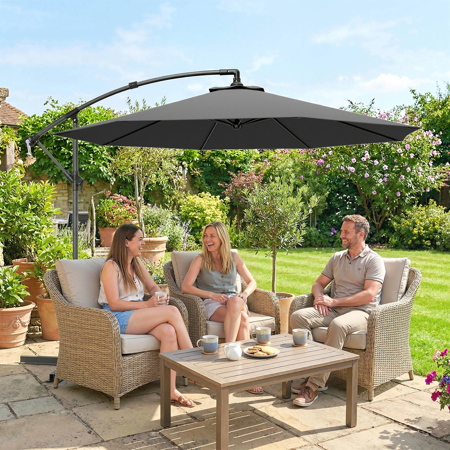 Outsunny 3m Overhanging Cantilever Parasol With Cross Base Grey For Patio And Garden Sun Shade 8 Rib Thick Fabric Canopy