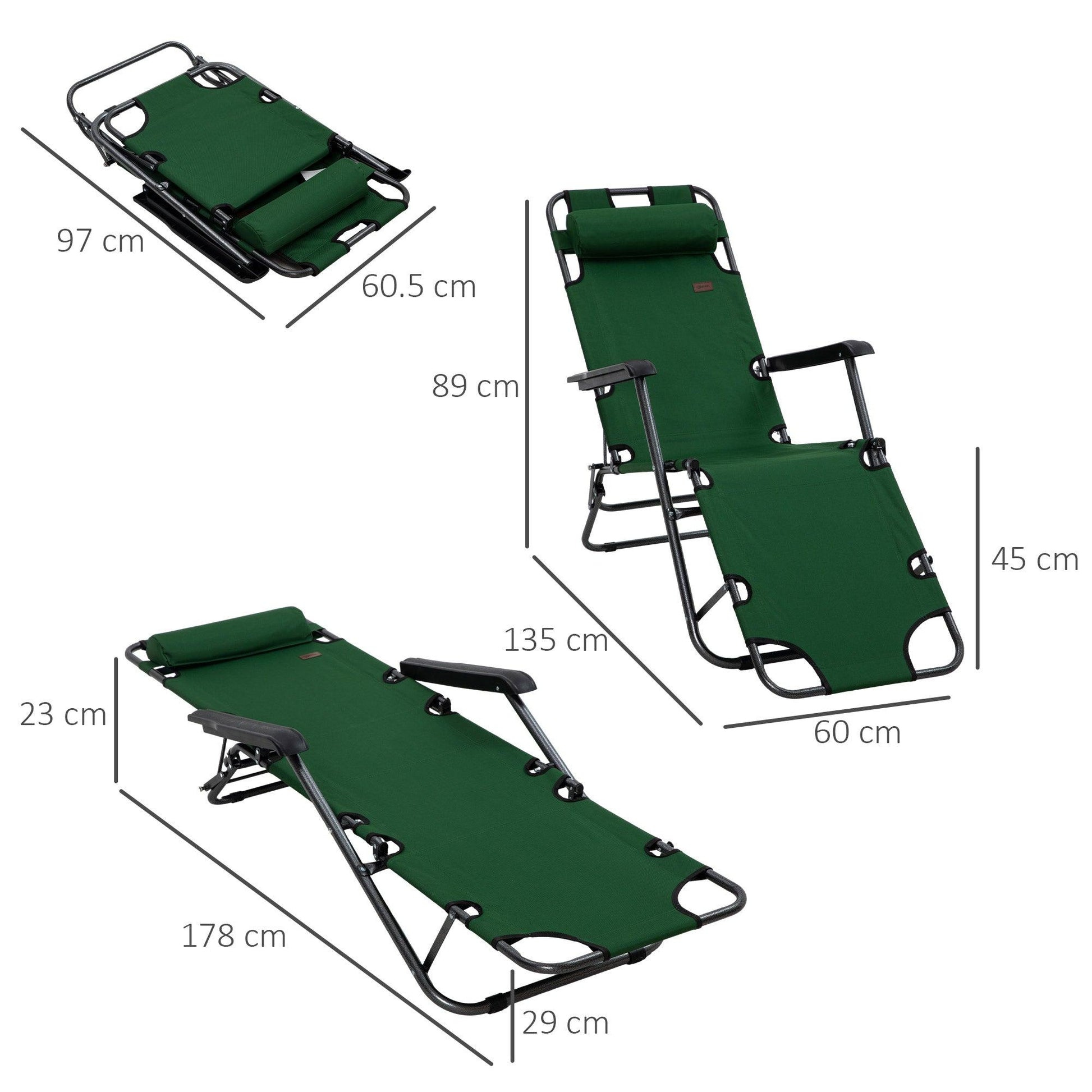 Outsunny 2 in 1 Sun Lounger Folding Reclining Chair Garden Outdoor Camping Adjustable Back with Pillow, Green - ALL4U RETAILER LTD