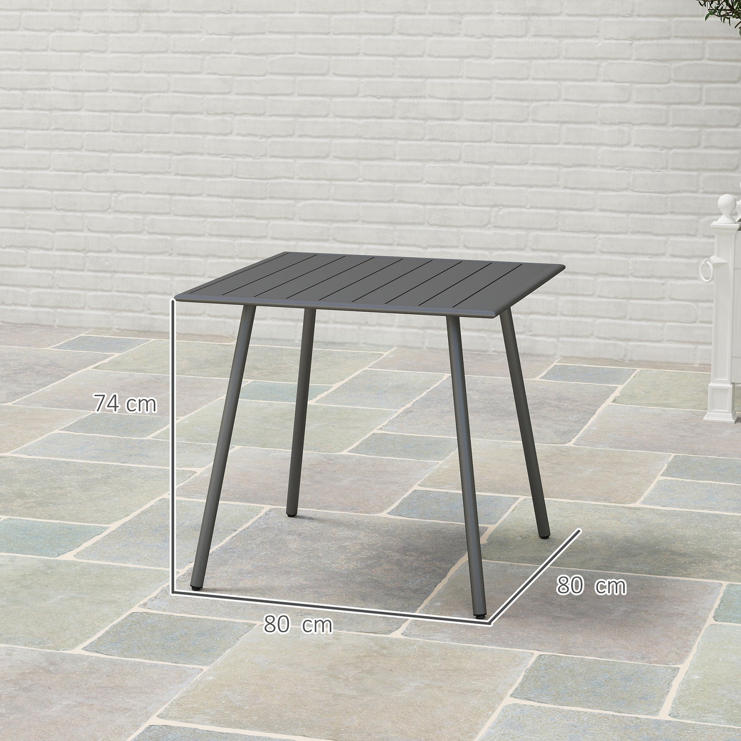 Outsunny Square Garden Table With Slat Top And Steel Frame For Four People 80 x 80 x 74 cm Grey