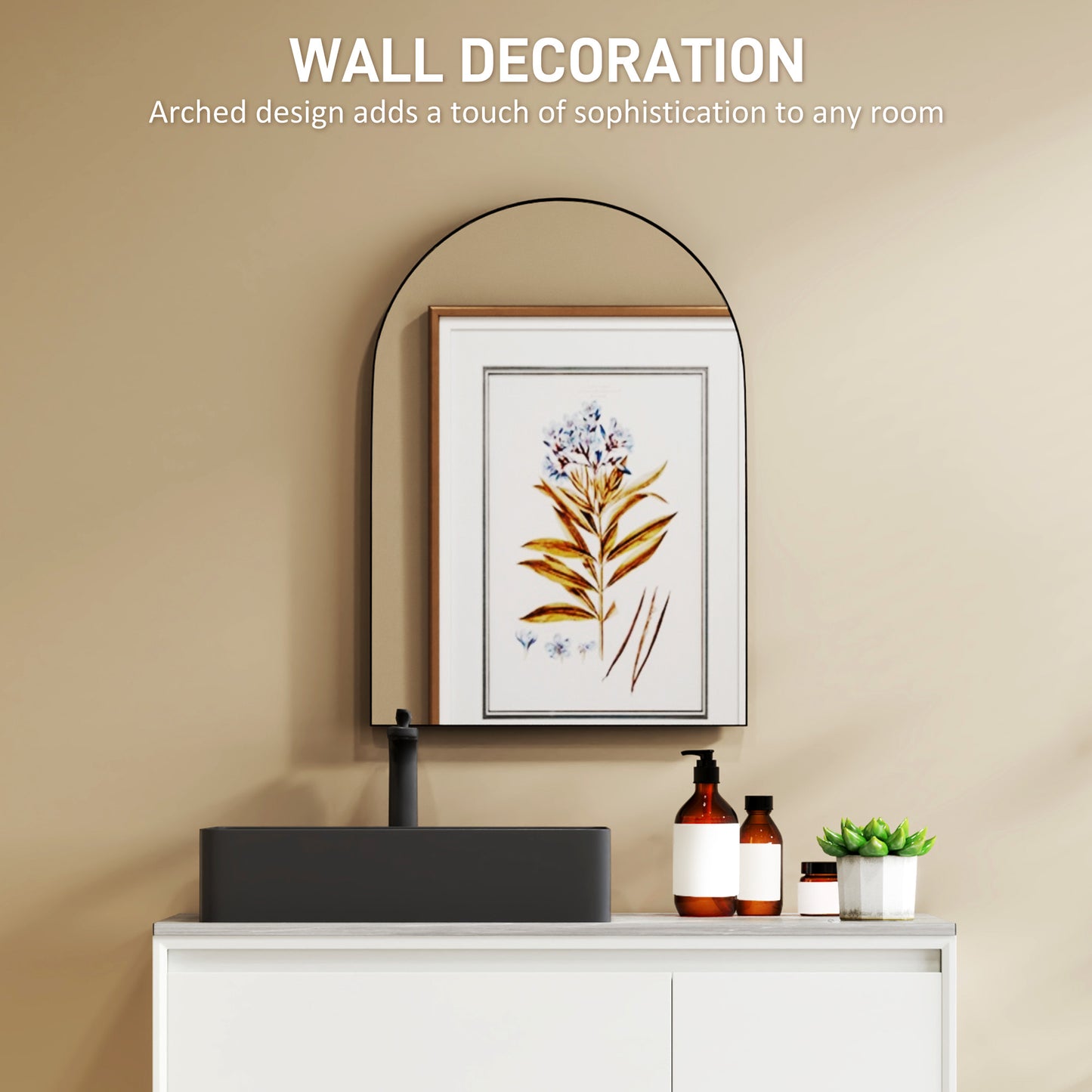 HOMCOM 50 x 70cm Arched Mirror Black With HD Glass And Shatter Resistant Film Powder Coated Frame