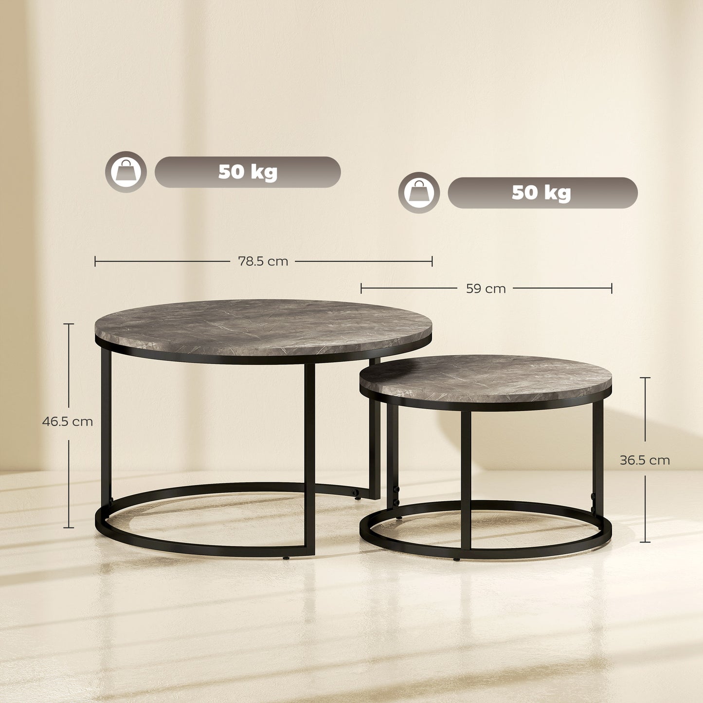 HOMCOM Industrial Nesting Round Coffee Tables Set 2 With Faux Marbled Top And Steel Frame