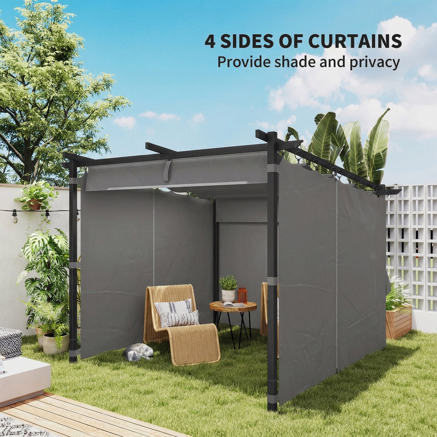 Outsunny 3 X 3 M Retractable Roof Pergola With Curtains Light Grey Outdoor Shade