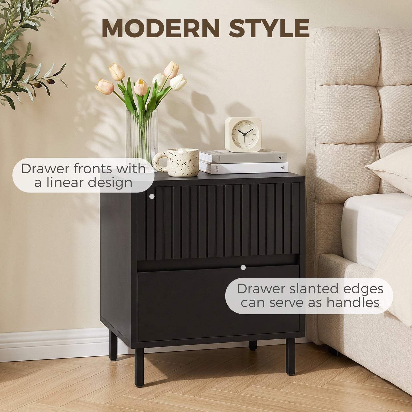 Homcom Black Nightstand With Two Drawers And Steel Legs For Bedroom