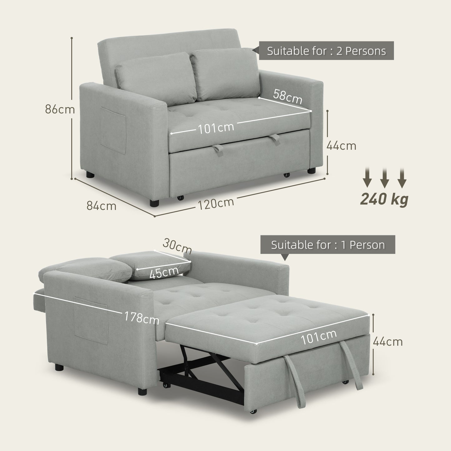 HOMCOM Loveseat Sofa Bed Convertible Settee With 2 Pillows And Side Pockets Light Grey